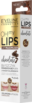 Eveline Oh!my Lips Volumizing Lip Gloss Chocolate, złoto-białe opakowanie, widok z przodu.