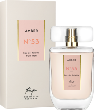 Woda toaletowa Amber N°53 The Master Perfumer dla kobiet, szklana butelka i beżowe pudełko. Widok z przodu.