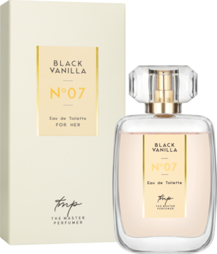Woda toaletowa Black Vanilla N°07 dla kobiet w beżowym pudełku i szklanej butelce z różowym płynem, widok z przodu.