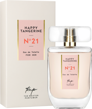 Woda toaletowa dla kobiet Happy Tangerine N°21 w przezroczystej butelce z brzoskwiniowym płynem i beżowym pudełku.