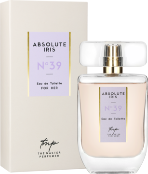 Woda toaletowa Absolute Iris N°39 dla kobiet The Master Perfumer, różowa butelka i beżowe pudełko, widok z przodu.