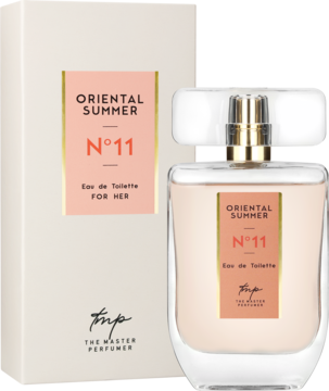 Oriental Summer N°11, kwiatowo-owocowa woda toaletowa, butelka z różowym płynem obok jasnego pudełka, widok z przodu.