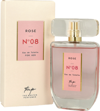 The Master Perfumer Rose N°08, różowa woda toaletowa dla kobiet w szklanej butelce obok beżowego pudełka.