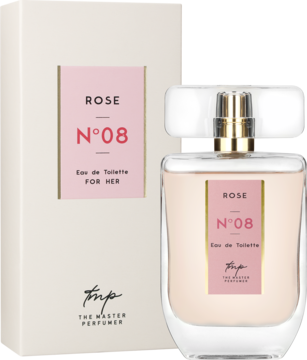 Woda toaletowa Rose N°08 The Master Perfumer. Flakon z różowym płynem, białe pudełko z różową etykietą, widok z przodu.