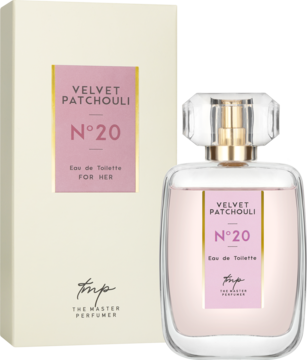 Woda toaletowa Velvet Patchouli N°20, różowy flakon i kremowe pudełko The Master Perfumer, widok przód-bok.