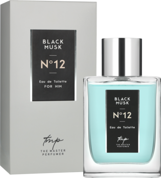 Woda toaletowa Black Musk N°12 dla mężczyzn, szklana butelka z niebieskim płynem i srebrnym korkiem, obok szare pudełko.