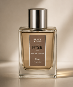 Black Wood N°28 Eau de Toilette męska, orientalno-drzewna, w prostokątnej butelce ze srebrnym korkiem, widok z przodu.