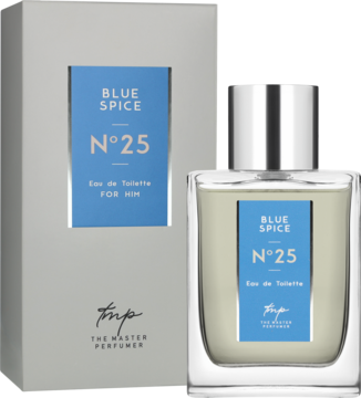 Męska woda toaletowa Blue Spice N°25. Szklany flakon z niebieską etykietą obok szarego pudełka.
