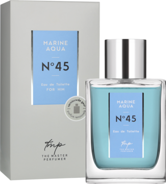 Marine Aqua N°45 męska woda toaletowa The Master Perfumer. Szklana butelka z błękitnym płynem i srebrnym korkiem, ustawiona przed szarym pudełkiem.