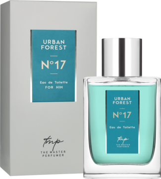 Męska woda toaletowa Urban Forest N°17 w turkusowej butelce i szarym pudełku, stojące razem z przodu.