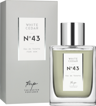 Męska woda toaletowa White Cedar N°43 The Master Perfumer: szklany flakon z zielonym płynem i białe pudełko. Widok z przodu.
