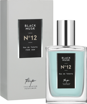Męska woda toaletowa Black Musk N°12 w przezroczystej butelce z błękitnym płynem i srebrnym korkiem, obok białe opakowanie.