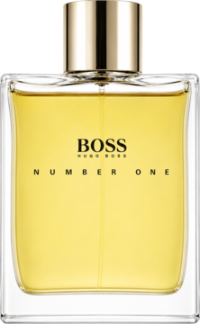 Hugo Boss Number One, męska woda toaletowa, w przezroczystej butelce z żółtym płynem i złotą nakrętką, widok z przodu.
