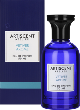 Artiscent Atelier Vetiver Arome 50ml, męska woda perfumowana. Niebieska butelka i pudełko, widok pod kątem na ciemnym tle.