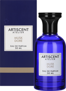 Ciemnoniebieska butelka Artiscent Atelier Musk Dore Eau de Parfum 50 ml i pudełko, widok z przodu.
