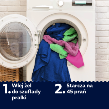 Coccolino Care żel do prania: otwarta pralka z kolorowym praniem, instrukcja "Wlej żel", wydajność "45 prań".