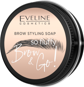 Eveline Cosmetics Brow Styling Soap: czarne okrągłe opakowanie mydełka do brwi z różową etykietą i ilustracją brwi.
