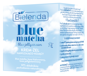 Opakowanie Bielenda Blue Matcha krem-żel nawilżająco-kojący. Niebieskie tło z białym logo, widok z przodu.