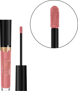 Pudroworóżowa matowa pomadka Max Factor Lipfinity Velvet Matte, tubka i zbliżenie aplikatora.