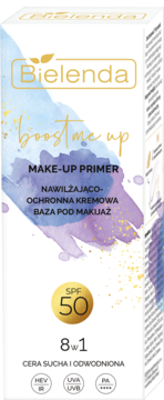 Bielenda Boost Me Up Make-Up Primer SPF 50 w białym opakowaniu z akwarelowym wzorem, widok z przodu, pod kątem.