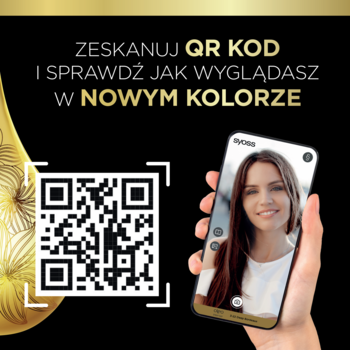 Reklama farby Syoss Oleo Intense: QR kod do skanowania, by na telefonie przymierzyć nowy kolor włosów.