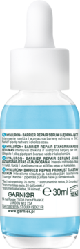 Tył butelki serum Garnier Hyaluron+ Barrier Repair 30ml, niebiesko-białej, z napisami o kwasie hialuronowym.