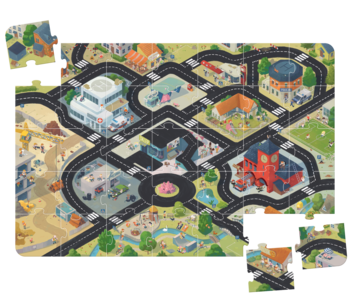 Duży puzzle podłogowe Miasto z drogami, budynkami i parkami, idealne do zabawy samochodzikami, widok z góry.