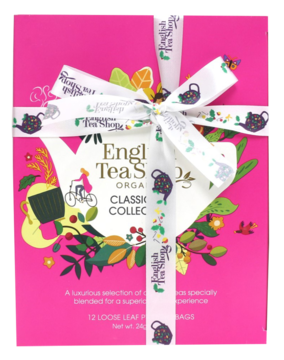 Różowy zestaw herbat English Tea Shop Organic Classic Collection w pudełku z ozdobną białą wstążką.