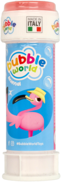 Bańki mydlane Bubble World Animal z flamingiem. Jasnoniebieska etykieta z różowym flamingiem w daszku. Różowa zakrętka. Made in Italy.