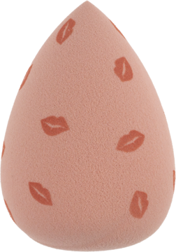 Brzoskwiniowa gąbeczka do makijażu KillyS Bloom Pop, w kształcie łzy z czerwonymi nadrukami ust.