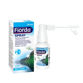 Fiorda SPRAY 30ml, biało-niebieskie pudełko i biała butelka z długim aplikatorem, na białym tle, bez cukru.