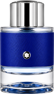 Woda perfumowana Mont Blanc Explorer Ultra Blue, niebieska butelka z teksturą, srebrna nakrętka i logo marki.