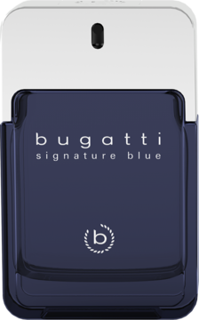 Ciemnoniebieska butelka Bugatti Signature Blue, męska woda toaletowa, z połyskującą srebrną zakrętką, widok z przodu.