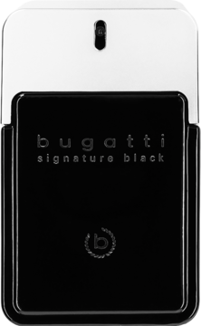Czarne, prostokątne opakowanie wody toaletowej Bugatti Signature Black z metalicznym srebrnym korkiem, widok z przodu.