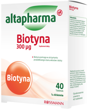 Białe pudełko altapharma Biotyne 300 µg, suplementu diety na zdrowe włosy i skórę, widok z przodu.