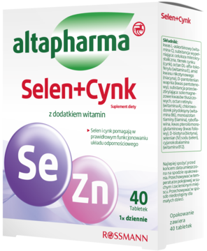 Opakowanie suplementu diety Selen+Cynk Altapharma, białe pudełko z symbolami Se i Zn, widok z przodu pod kątem.