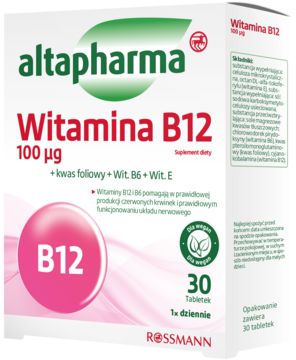 Białe pudełko Altapharma Witamina B12 100 μg z różowym akcentem i zielonym logo, widok z przodu.