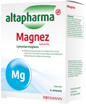 Białe opakowanie Altapharma Magnez, suplement diety cytrynian magnezu, z niebieskim kółkiem Mg na froncie.