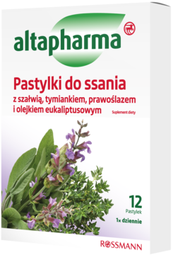 Białe pudełko Altapharma Pastylki do ssania, suplement diety z szałwią, tymiankiem i eukaliptusem, widok z przodu.