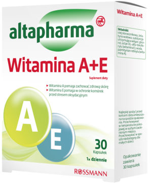 Białe opakowanie suplementu diety altapharma Witamina A+E, z zielonym logo i dużymi literami A i E, widok z przodu.