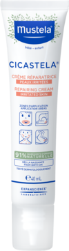 Mustela Cicastela krem reparacyjny dla dzieci, biała tubka 40ml, widok z przodu, na podrażnioną skórę.