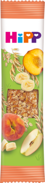 HiPP Miękki Batonik Owsiany Brzoskwinie BIO. Opakowanie z owsem, brzoskwinią, bananem i kawałkiem batonu, widok z przodu.