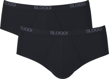 Dwa czarne slipy męskie Sloggi Men Basic Midi, 2-pak. Z elastycznej bawełny z logiem SLOGGI na pasie.