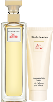Elizabeth Arden 5th Avenue: prostokątne perfumy w złotej butelce i beżowy balsam nawilżający w tubce.