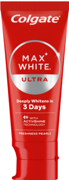 Colgate Max White Ultra pasta do zębów w czerwonej tubce z białym i srebrnym napisem, 'Deeply Whitens in 3 Days', widok z przodu.
