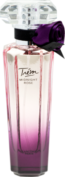 Trésor Midnight Rose Lancôme, fasetowana butelka damskich perfum z gradientem róż-fiolet i ozdobną fioletową różą.