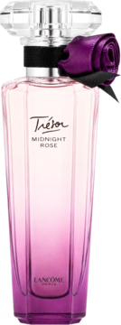 Lancôme Trésor Midnight Rose woda perfumowana. Butelka z różowo-fioletowym gradientem i fioletową różą.
