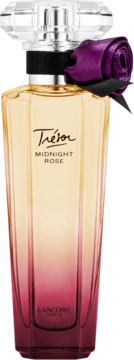 Lancôme Trésor Midnight Rose, woda perfumowana dla kobiet. Butelka ombre, złoto-fuksja, z fioletową różą i fasetowaną zakrętką.