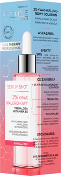 Eveline Serum Shot 2% kwas hialuronowy, różowa butelka z dropperem na froncie niebiesko-różowego opakowania.