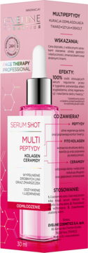 Eveline Serum Shot Multi Peptydy Kolagen Ceramidy, różowe serum 30ml w szklanej butelce, widok z przodu.